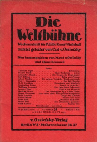 Die Weltbühne. Wochenschrift für Politik / Kunst / Wirtschaft. Heft 24, 1947