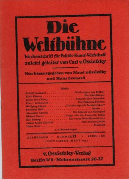 Die Weltbühne. Wochenschrift für Politik / Kunst / Wirtschaft. Heft 21, 1947