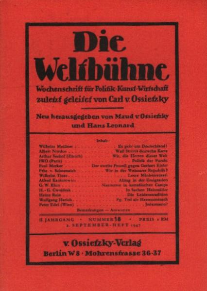 Die Weltbühne. Wochenschrift für Politik / Kunst / Wirtschaft. Heft 18, 1947