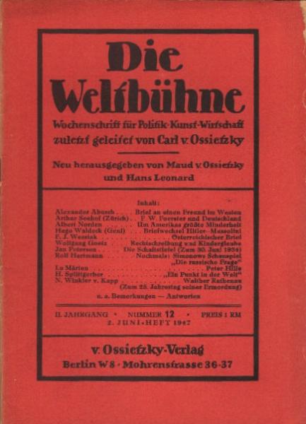 Die Weltbühne. Wochenschrift für Politik / Kunst / Wirtschaft. Heft 12, 1947