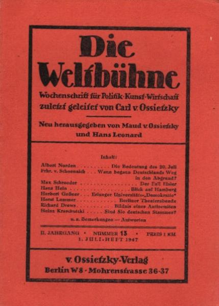 Die Weltbühne. Wochenschrift für Politik / Kunst / Wirtschaft. Heft 13, 1947
