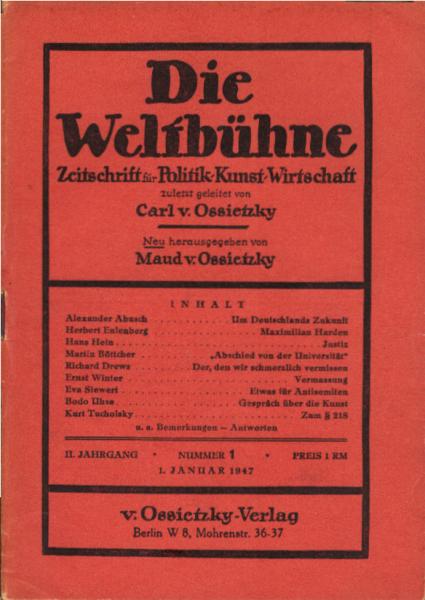 Die Weltbühne. Wochenschrift für Politik / Kunst / Wirtschaft. Heft 1, 1947