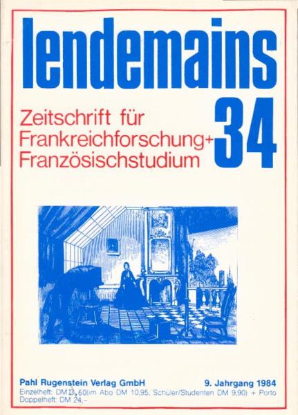 lendemains : Zeitschrift für Frankreichforschung + Französischstudium; 9. Jahrgang 1984, Heft 34. Schwerpunkt: Photographie und Literatur