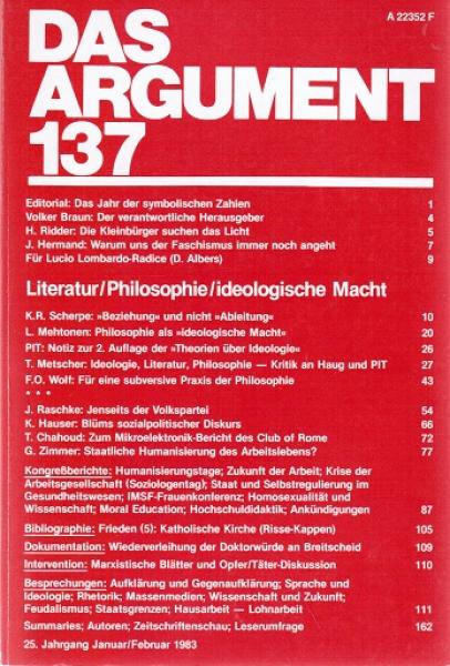 Das Argument. Zeitschrift für Philosophie und Sozialwissenschaften. Nr. 137 (25. Jahrgang. Januar/Februar 1983. Literatur/Philosophie/ideologische Macht).