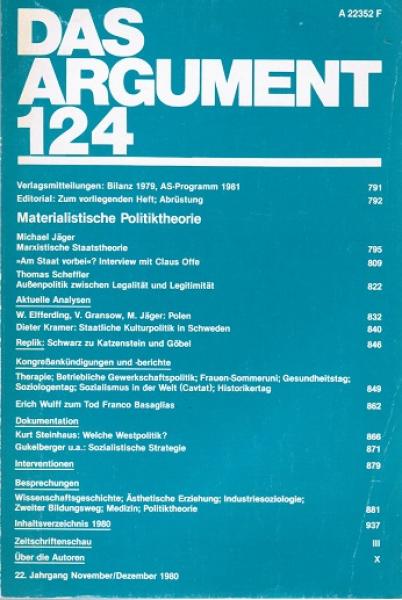 Das Argument. Zeitschrift für Philosophie und Sozialwissenschaften. Nr. 124 (22. Jahrgang. November/Dezember 1980. Materialistische Politiktheorie).