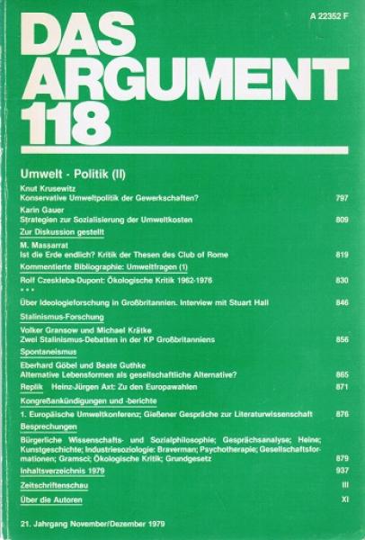 Das Argument. Zeitschrift für Philosophie und Sozialwissenschaften. Nr. 118 ( 21. Jahrgang. November/Dezember 1979. Umwelt - Politik II).