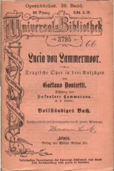 Lucia von Lammermoor : Tragische Oper in 3 Aufzügen