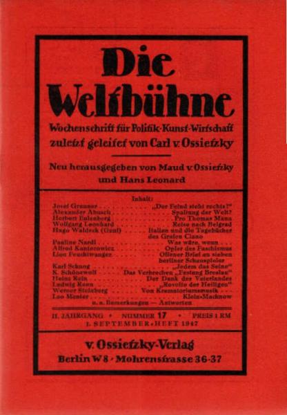 Die Weltbühne. Wochenschrift für Politik / Kunst / Wirtschaft. Heft 17, 1947