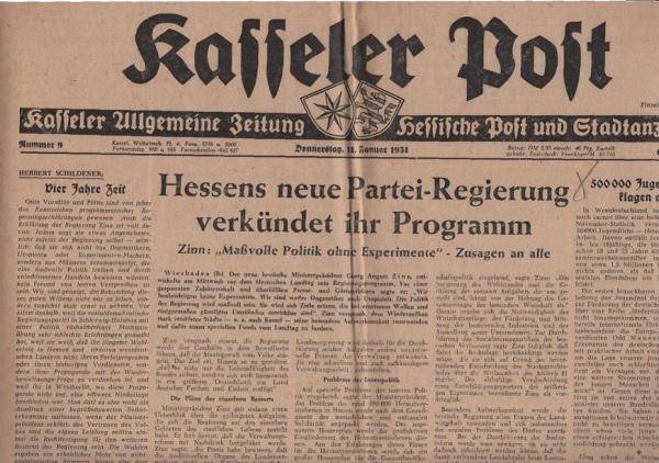 Kasseler Post. Kasseler Allgemeine Zeitung - Hessische Post und Stadtanzeiger. Donnerstag, 11. Juni 1951 - Nr. 9