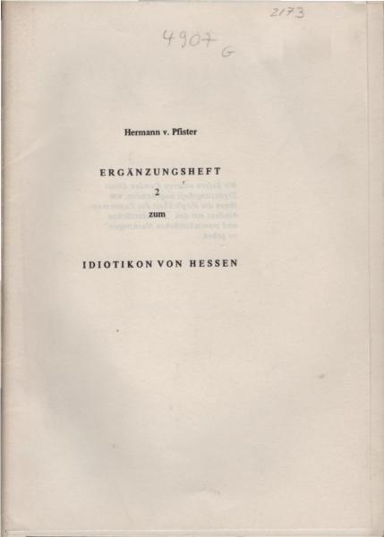 Ergänzungsheft 2 zum Idiotikon von Hessen. Nachdruck. [ungebunden].