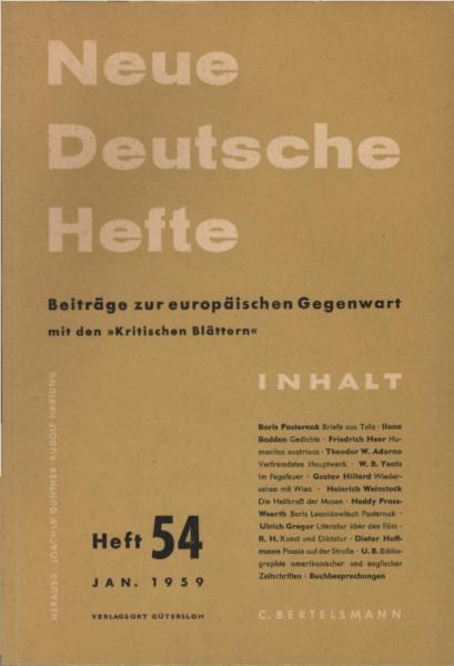 Neue Deutsche Hefte. Beiträge zur europäischen Gegenwart; Heft 54, Jan. 1959.