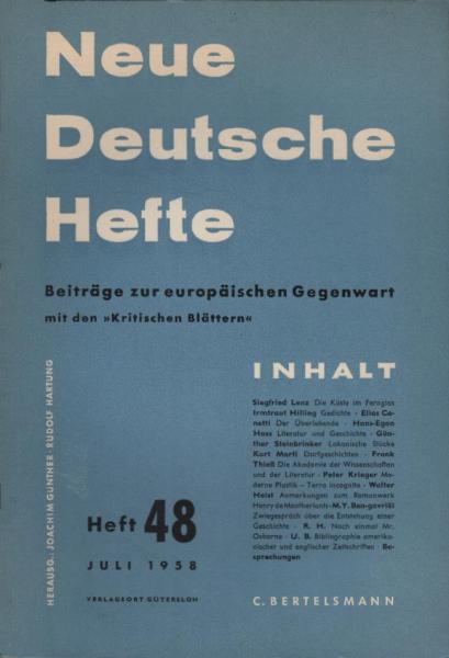 Neue Deutsche Hefte. Beiträge zur europäischen Gegenwart; Heft 48, Juli 1958.