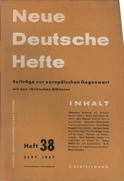 Neue Deutsche Hefte. Beiträge zur europäischen Gegenwart; Heft 38, Sept. 1957.