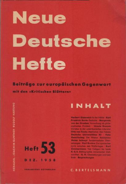 Neue Deutsche Hefte. Beiträge zur europäischen Gegenwart; Heft 53, Dez. 1958.