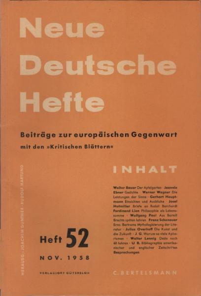 Neue Deutsche Hefte. Beiträge zur europäischen Gegenwart; Heft 52, Nov. 1958.
