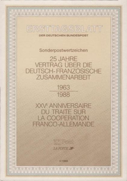 Ersttagsblatt der Deutschen Bundespost. Sonderpostwertzeichen. 25 Jahre Vertrag über die Deutsch-Französische Zusammenarbeit. 1963/1988. Ersttagsausgabe 14.Januar 1988.