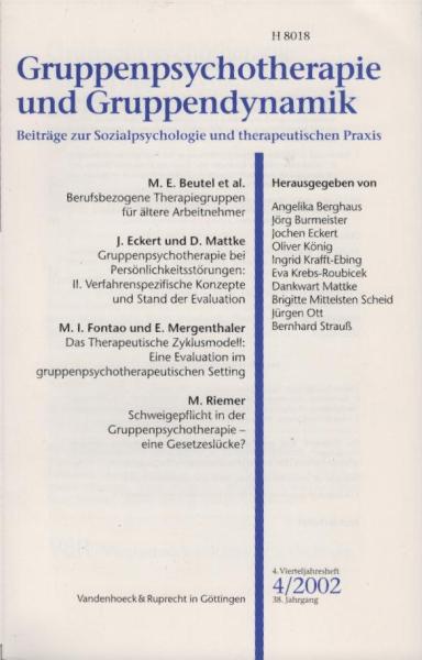 Gruppenpsychotherapie und Gruppendynamik. Beiträge zur Sozialpsychologie und therapeutischen Praxis. Heft 4 / 2002, 38. Jahrgang.