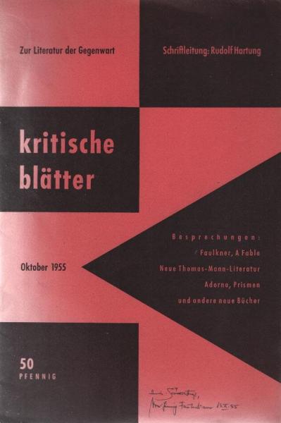 Kritische Blätter Zur Literatur der Gegenwart. Heft 1, Okt. 1955.