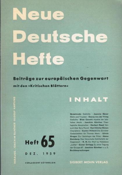Neue Deutsche Hefte. Beiträge zur europäischen Gegenwart mit den "Kritischen Blätern"; Heft 65, Dez. 1959.