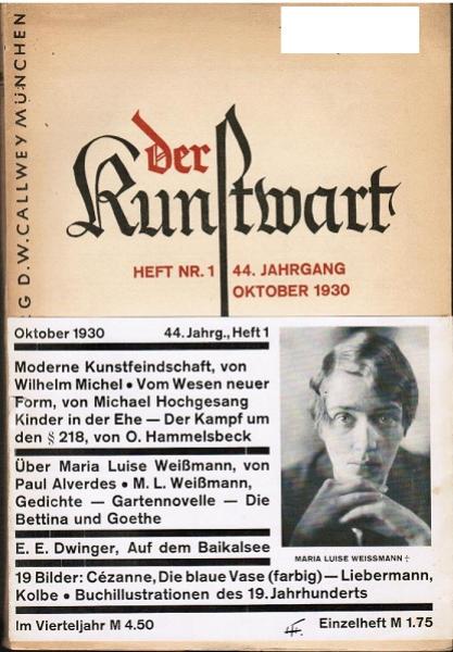 Der Kunstwart. Monatshefte für Kunst, Literatur und Leben.  Oktober 1930, Heft Nr. 1, 44. Jahrgang.